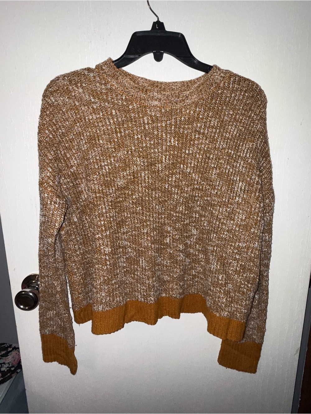 Daytrip Women’s Marled Brown Crewneck Sweater with Mustard Trim